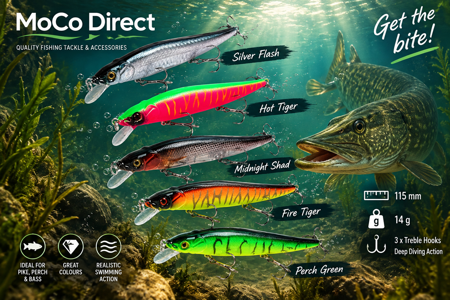 MoCo Direct 11.5cm Hard Minnow fishing lures with four colours currently available